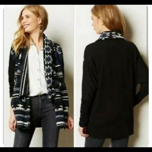 Beautiful and Unique Anthropologie Black and Navy Patterned Open-Front Cardigan